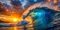 Huge blue wave cresting under a golden sunset Royalty Free Stock Photo