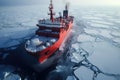 A huge boat floats on top of the frozen water, covered in ice, Icebreaker ship making its way through the frozen Arctic Ocean, AI Royalty Free Stock Photo