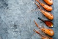 Huge boiled delicious king prawns on a gray background close-up, flat lay, copy space
