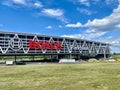 Huge Bosch letters at the Stuttgart Airport parking garage with empty highway A8 and construction works in the Royalty Free Stock Photo