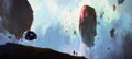A huge boulder suspended on an alien planet, 3D illustration