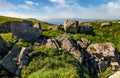 Huge boulders on a grassy hillside at sunrise Royalty Free Stock Photo