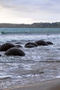 Huge boulders Moeraki on the Pacific coast. New Zealand Royalty Free Stock Photo