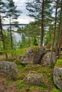 Huge boulders stones covered with moss and pine forest near beatiful fresh blue lake, Park Mon Repos, Vyborg, Russia