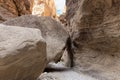 Huge boulders on tourist route of gorge Wadi Al Ghuwayr or An Nakhil and wadi Al Dathneh near Amman in Jordan