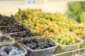 Fruit market with various colorful fresh fruits and vegetables. Food concept. Royalty Free Stock Photo