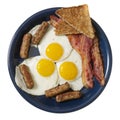 Huge Breakfast Plate of Eggs, Meat, and Toast, Isolated on White