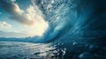 A huge breaking barrel wave in the ocean. Amazing, perfect wave to go surfing. Impressive dramatic seascape. Extreme Royalty Free Stock Photo