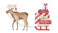 Huge brown moose with knitted mitten on antlers, carrying sled with many festive gift boxes.