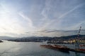 Huge cargo crane with Panoramic view port of Genoa in a summer day, Italy