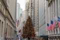 A Huge Christmas Tree Decorates Wall Street in Manhattan, New York City. Financial District Dressed in Festive Style. Royalty Free Stock Photo