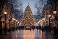 Huge christmas tree in the market square of a modern city. Christmas market. Blurred people. Royalty Free Stock Photo