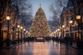 Huge christmas tree in the market square of a modern city. Christmas market. Blurred people.