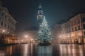 Huge christmas tree in the market square of a modern city. Christmas market. Blurred people. Royalty Free Stock Photo