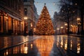Huge christmas tree in the market square of a modern city. Christmas market. Royalty Free Stock Photo