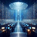 Server room in big data center with binary code design. Modern interior super computer for digital communications and internet in Royalty Free Stock Photo