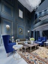 Huge classic interior of the seating area with dark blue walls with cobalt armchairs and a yellow sofa