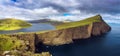 Huge cliff and lake Sorvagsvatn on island of Vagar, Faroe Islands, Denmark. Royalty Free Stock Photo