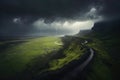 Huge cloudy windy storm. Sky with dramatic clouds from an approaching thunderstorm. Generative AI