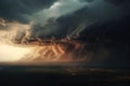 Huge cloudy windy storm. Sky with dramatic clouds from an approaching thunderstorm. Generative AI