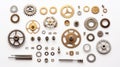 A huge collection of random industrial metal objects isolated on a white background. Neural network ai generated
