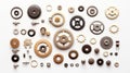 A huge collection of random industrial metal objects isolated on a white background. Neural network ai generated