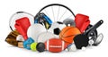 Huge collection stack of sport balls gear equipment from various sports isolated white background Royalty Free Stock Photo