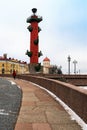 St. Petersburg, Russia, February 2020. Rostral column on the embankment of Vasilyevsky Island.