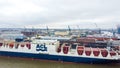 Huge container ship in the harbour of Hamburg Germany - CITY OF HAMBURG, GERMANY - DECEMBER 25, 2020 Royalty Free Stock Photo