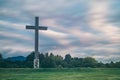 Huge cross in a park with some green trees