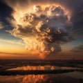 A Huge Cumulonimbus cloud looks majestic bathing in a golden sun light AI generative