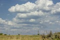 Huge cumulus rain clouds in the sunshine above the field