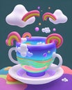 A huge cup and saucer floating in the sky, surrounded by clouds and rainbows, abstract.