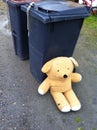 A teddy bear thrown in the trash.