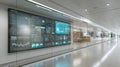 Huge digital screen displaying complex business intelligence, financial charts, data analysis in modern corporate office corridor Royalty Free Stock Photo