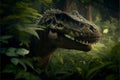 Huge dinosaur in the ancient forest with ferns. AI generated. Royalty Free Stock Photo
