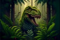 Huge dinosaur in the ancient forest with ferns. AI generated. Royalty Free Stock Photo
