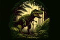 Huge dinosaur in the ancient forest with ferns. AI generated.