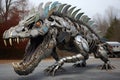 huge dinosaur sculpture made from metal nuts and bolts