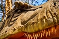 Huge dinosaur teeth in the mouth of a living Tirex. The robotic model is large in the frame, only the teeth of a Royalty Free Stock Photo