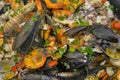 A huge dish of a seashells and seafood. Fresh shrimps and mussels with light dressing and parsley. Squid and prawns for dinner