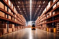 Huge distribution warehouse with high shelves and loaders. Royalty Free Stock Photo