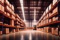 Huge distribution warehouse with high shelves and loaders. Royalty Free Stock Photo