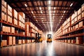 Huge distribution warehouse with high shelves and loaders. Royalty Free Stock Photo