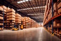 Huge distribution warehouse with high shelves and loaders. Royalty Free Stock Photo