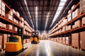Huge distribution warehouse with high shelves and loaders. Royalty Free Stock Photo