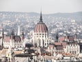 Huge dome of Hungarian Parliament Building - Orszaghaz. Unusual view from St. Stephen`s Basilica. Budapes, Hungary