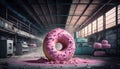 A huge donut in pink icing standing in the middle of the factory. Idea of donut production. Graphic illustration.