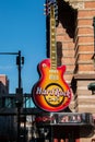 Huge electric guitar sits atop the entrance marquee of the Hard Rock Cafe in center city , Philadelphia