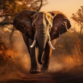 A huge elephant bull approaches in golden light